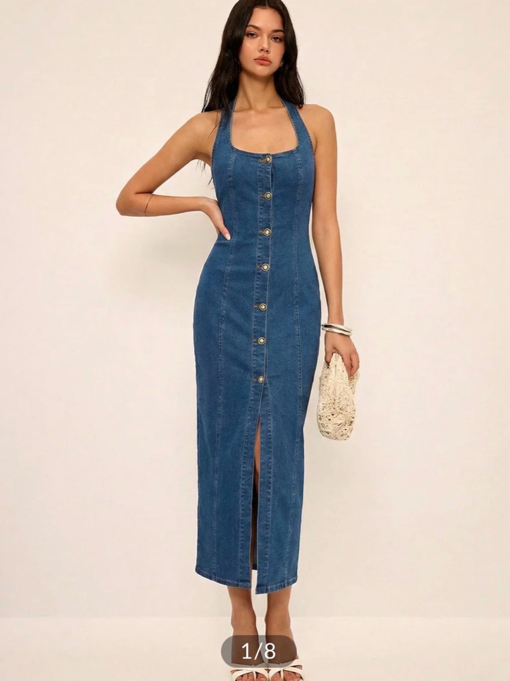 Commense denim halter button front maxi dress